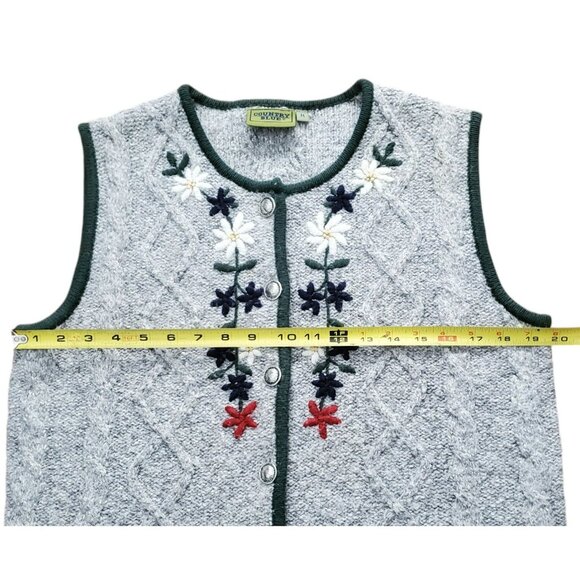 VTG Knit Sweater Vest Embroidered Flowers Gray Country Blue Wool Blend Womens M - Picture 9 of 11